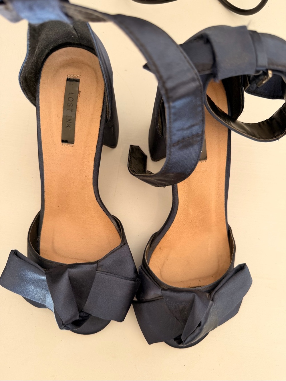 Lost Ink Navy Satin Bow Block Heel Sandals
